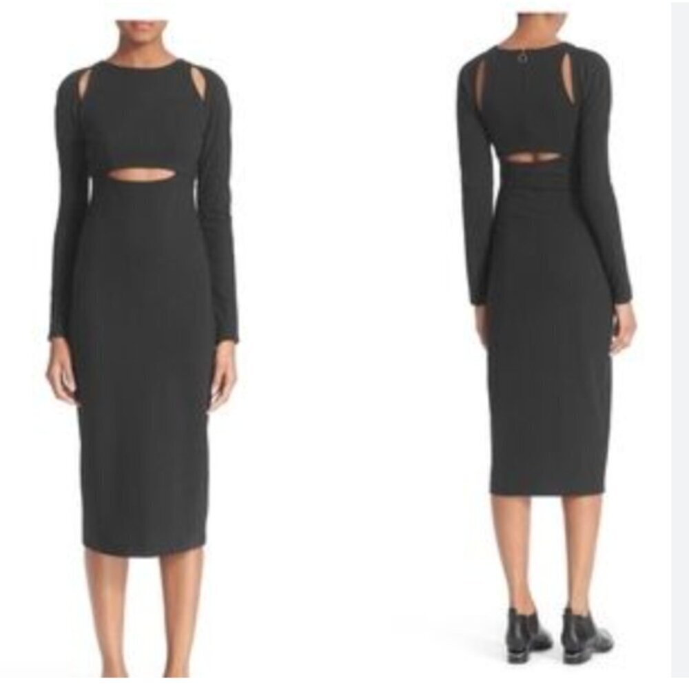 T Alexander Wang Dress Midi Cut Out Exposed Long Sleeve Stretch Black New Small
